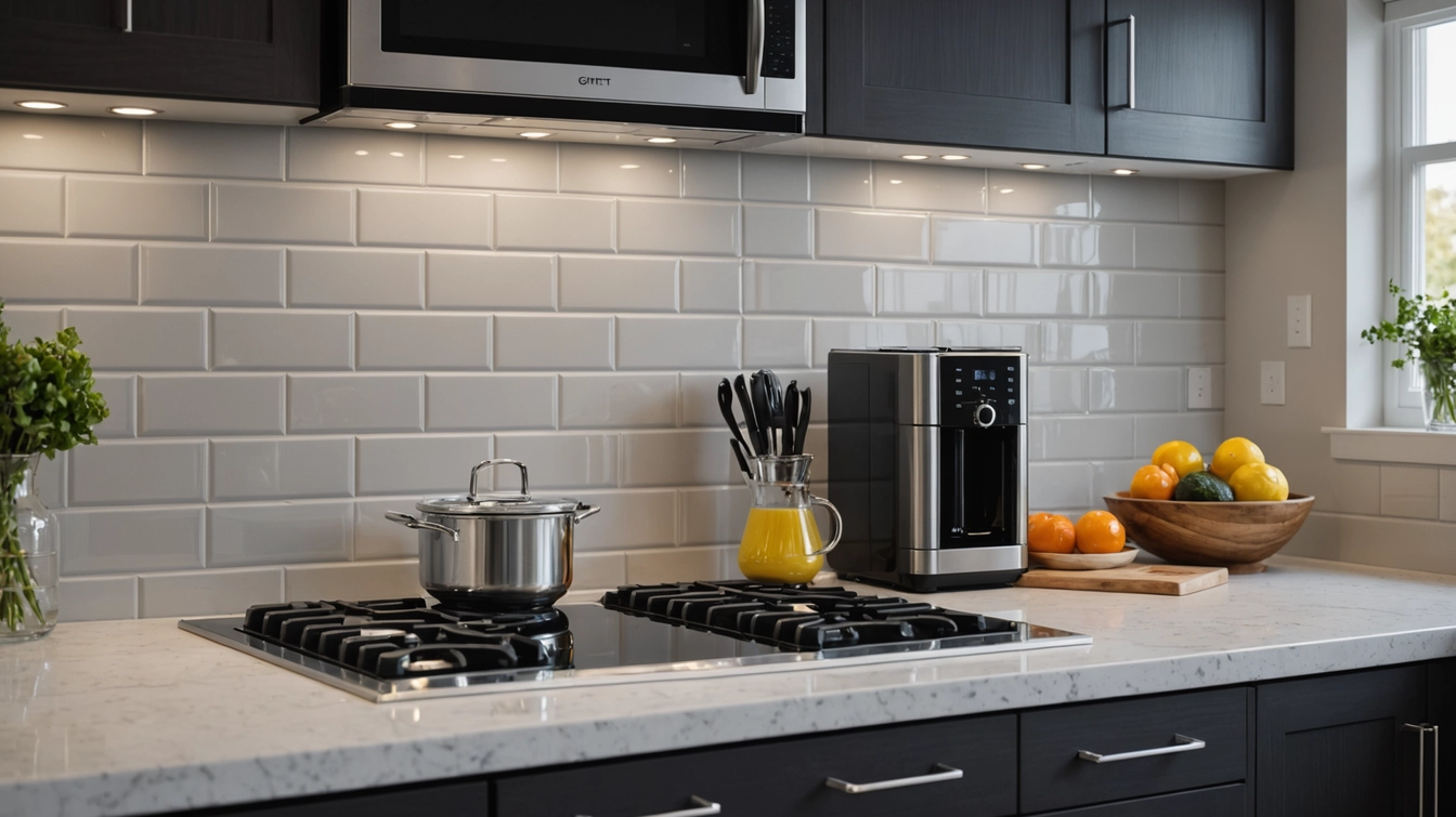 Professional kitchen electrical installation showing GFCI outlets and under-cabinet lighting by Koletas Electric