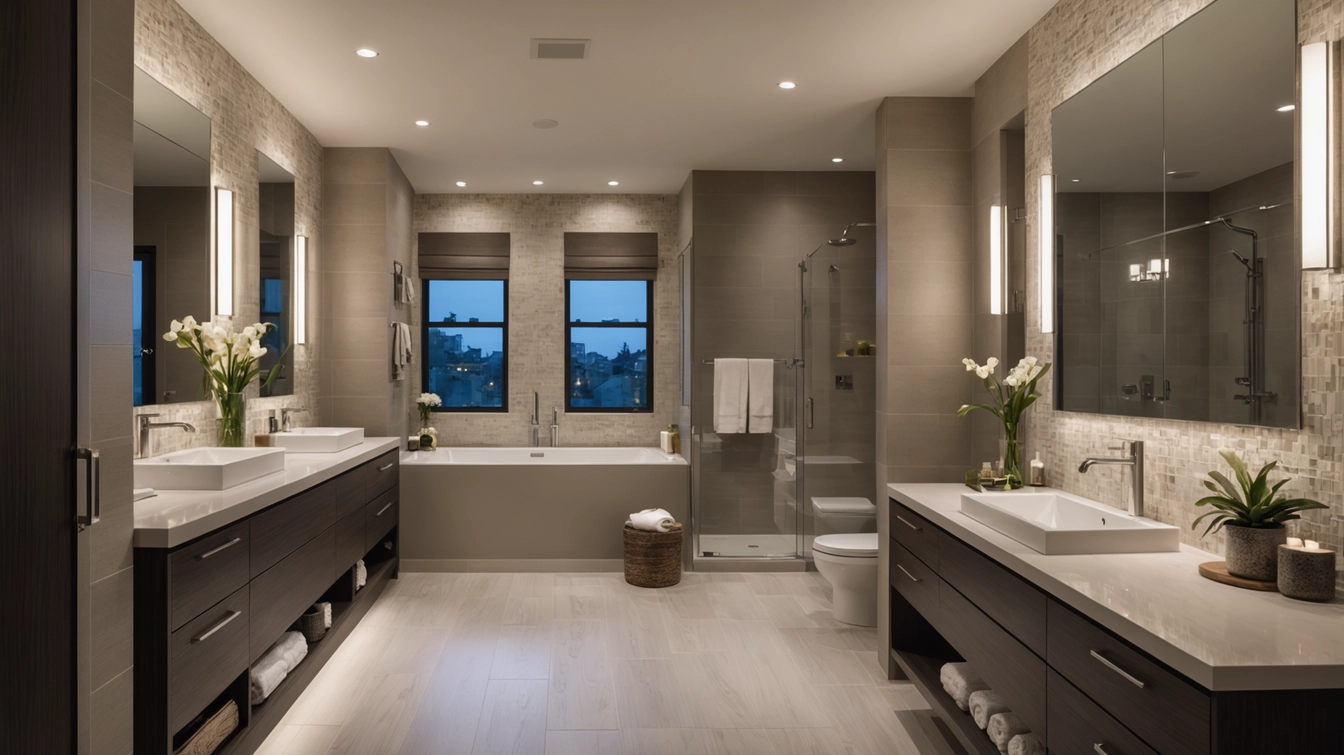 Modern bathroom electrical installation with GFCI outlets and vanity lighting