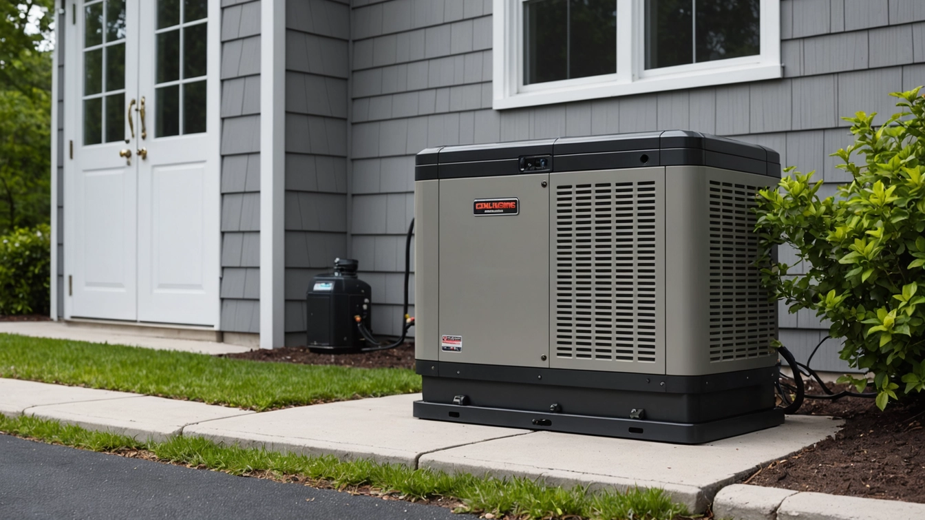 Professional standby generator installed beside Capital Region home - show generator on concrete pad, properly clearanced from house, with visible electrical connections